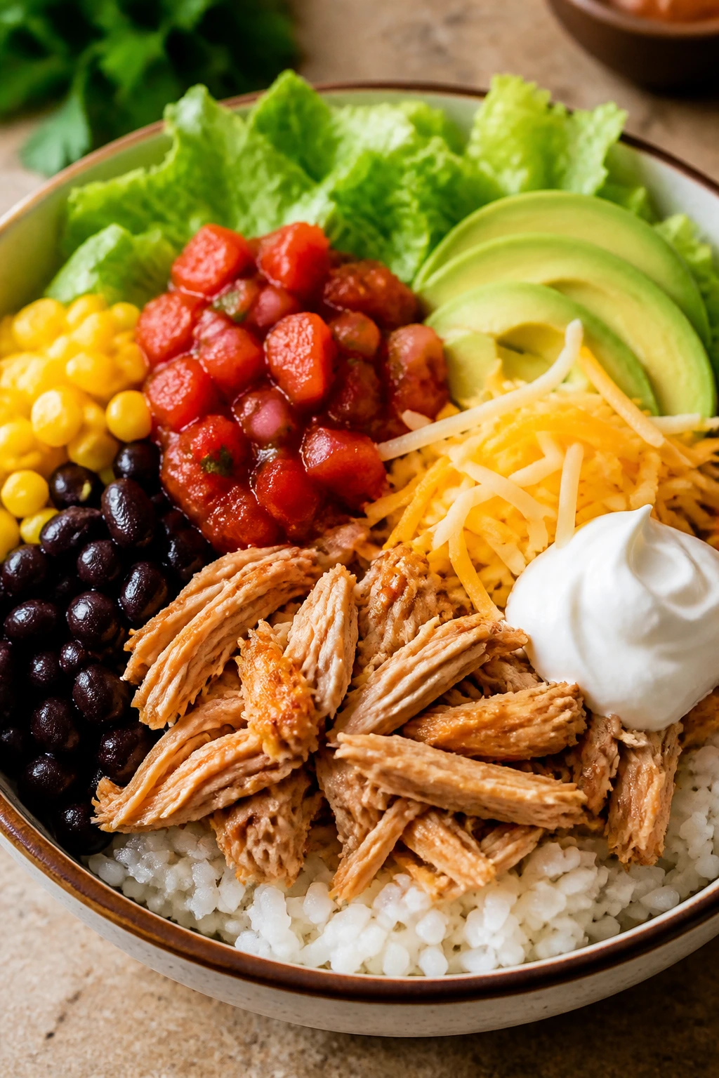 Close-up of a rotisserie chicken taco bowl filling the frame