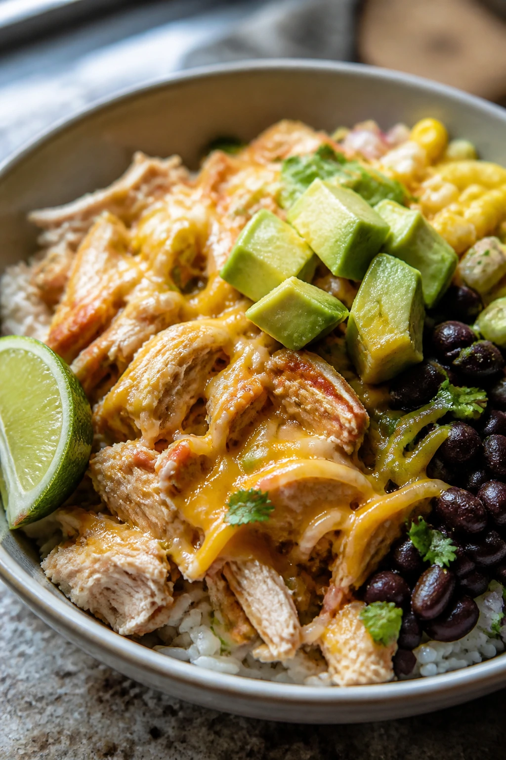 Burrito bowl with rice, chicken, beans, corn and avocado in a bowl