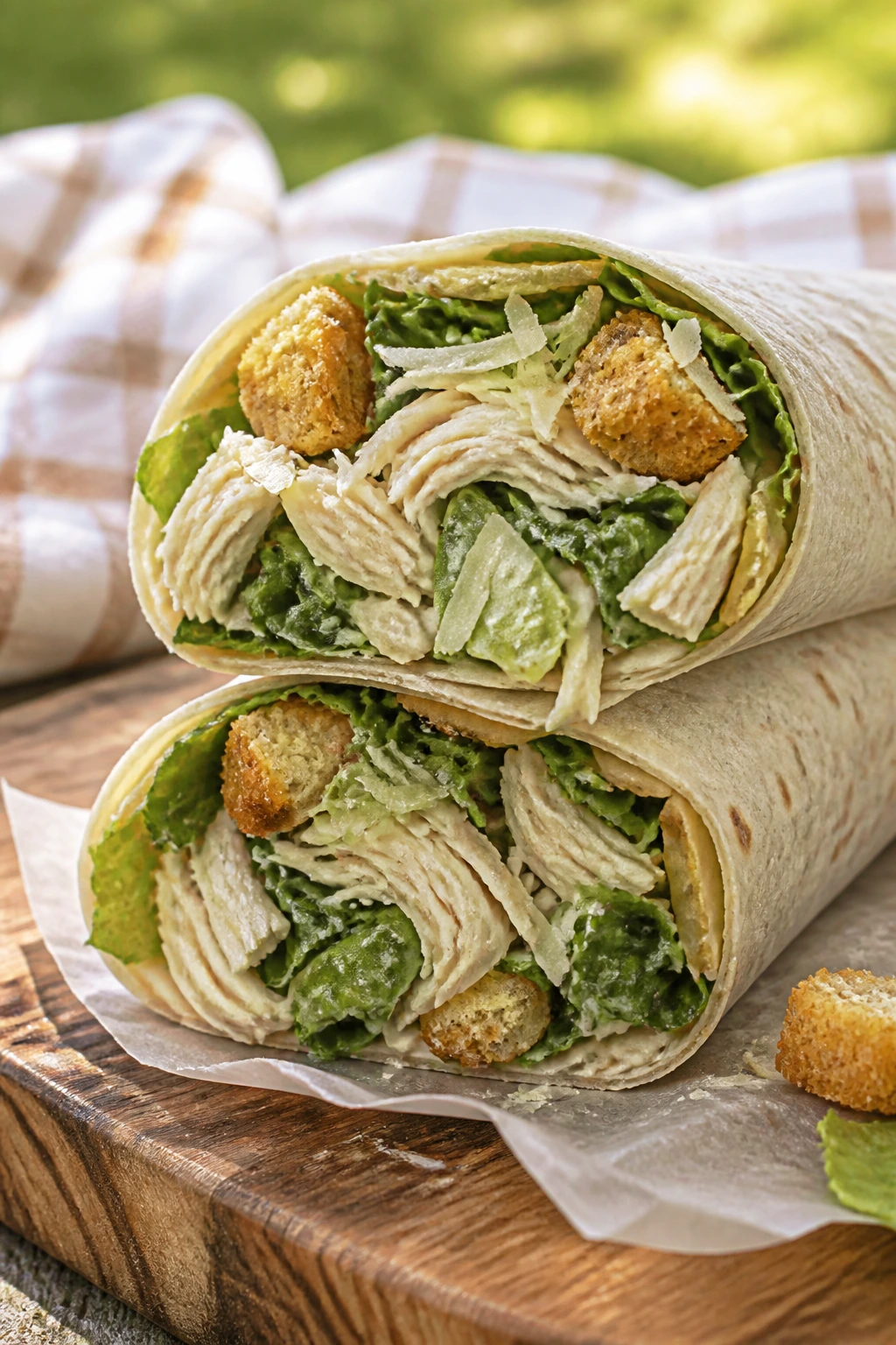 Close-up Rotisserie Chicken Caesar Wraps cross-section on a picnic board.