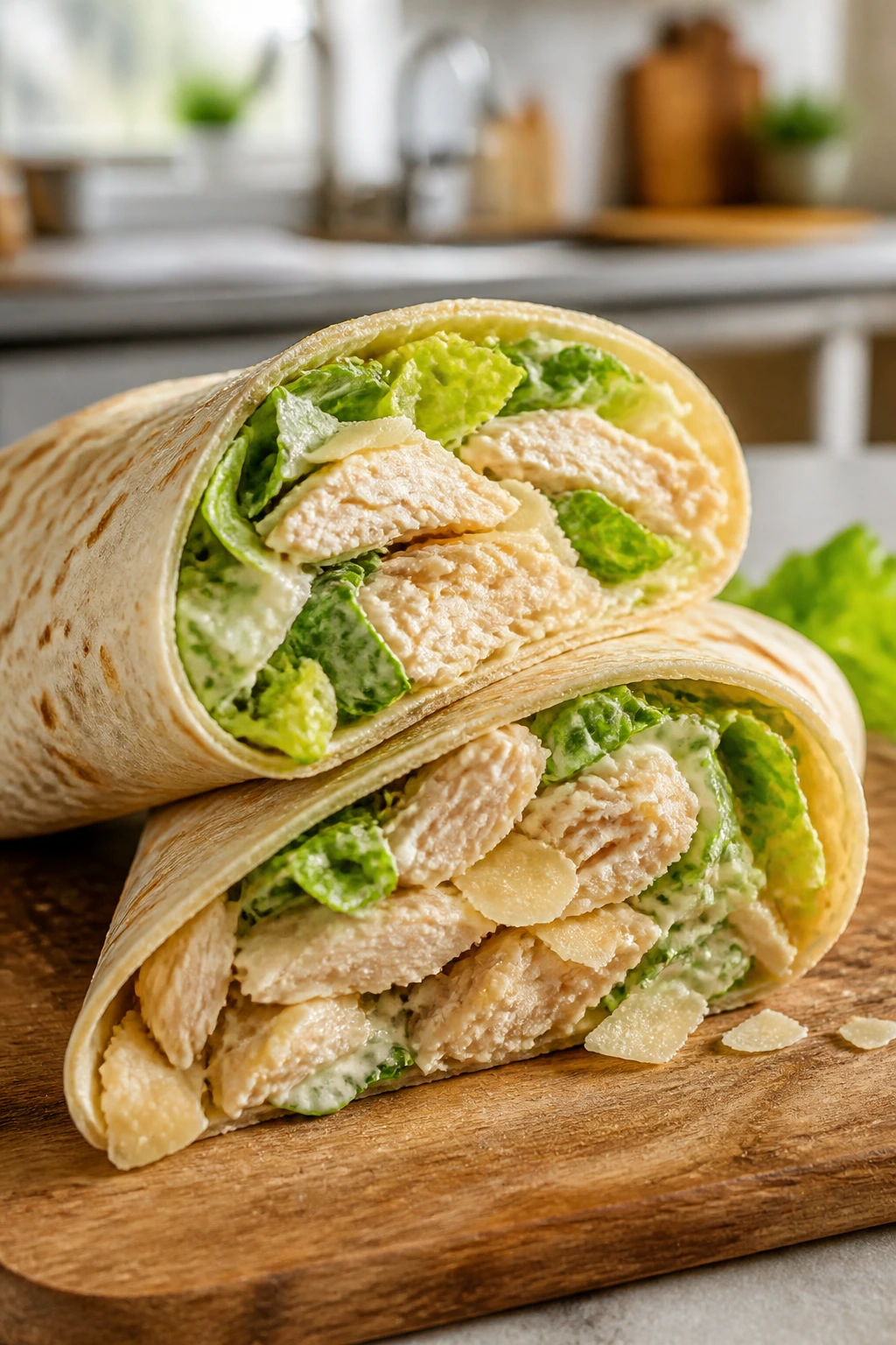 Cross-section view of rotisserie chicken Caesar wraps on a cutting board