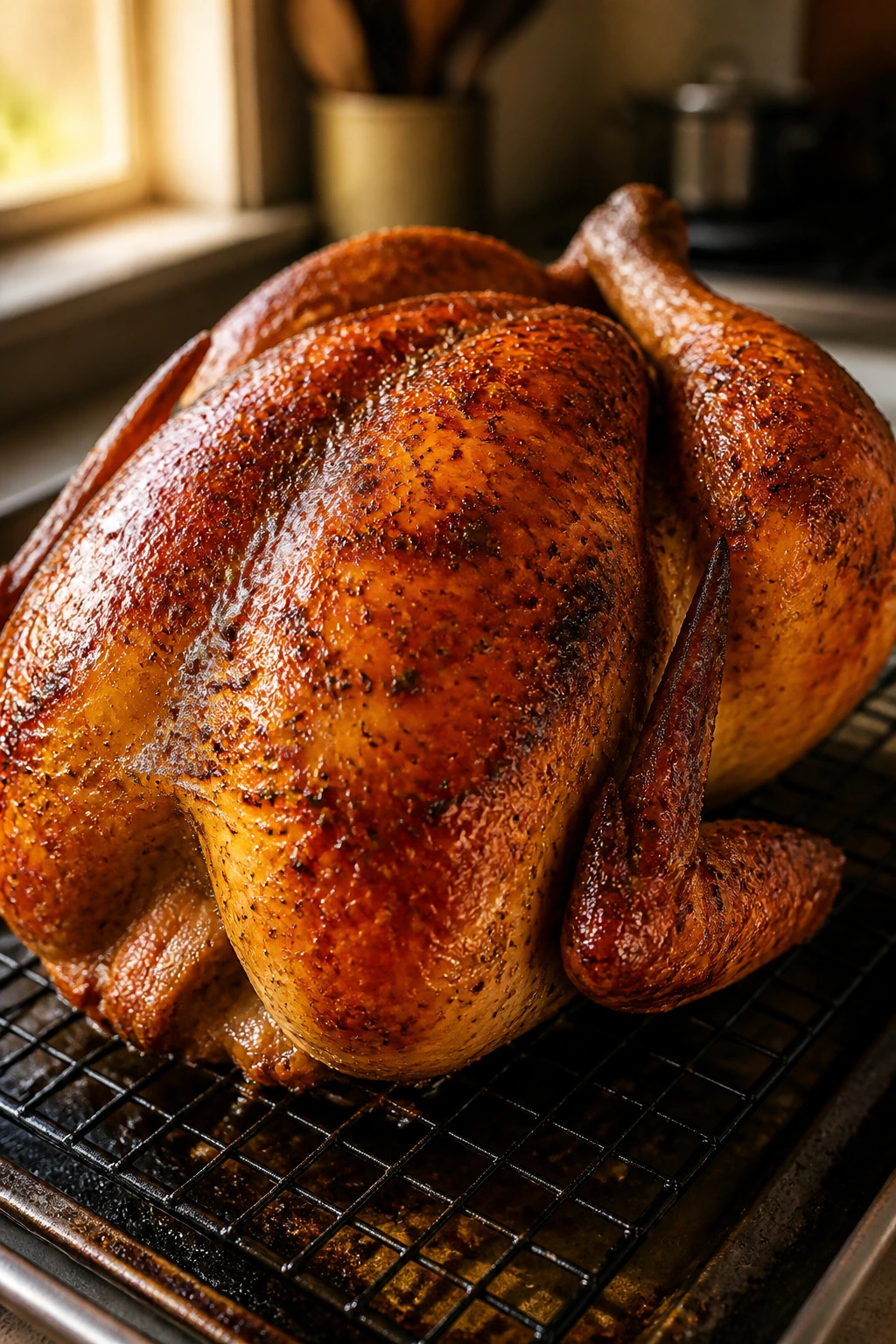 Close-up of bronzed rotisserie chicken with crisp skin on a rack in a warm kitchen