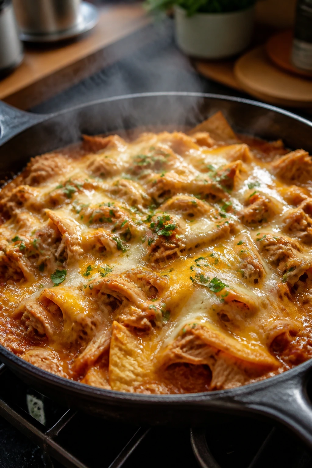 Close-up of enchilada skillet with chicken and cheese