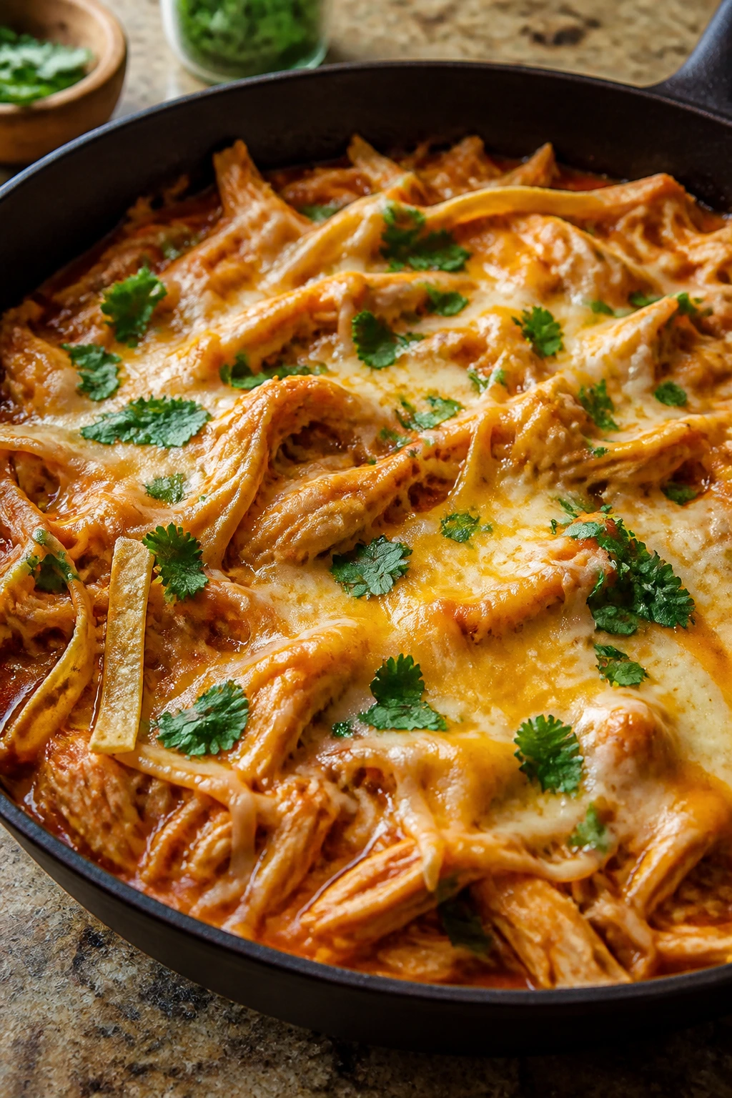 Skillet with enchilada chicken, sauce, tortillas, and melted cheese