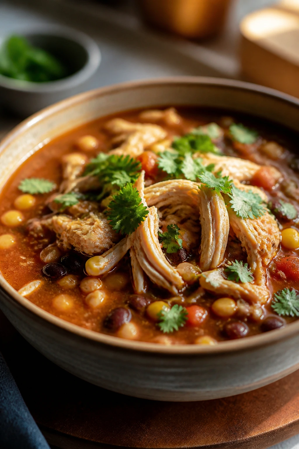 Bowl of enchilada soup with shredded rotisserie chicken topping