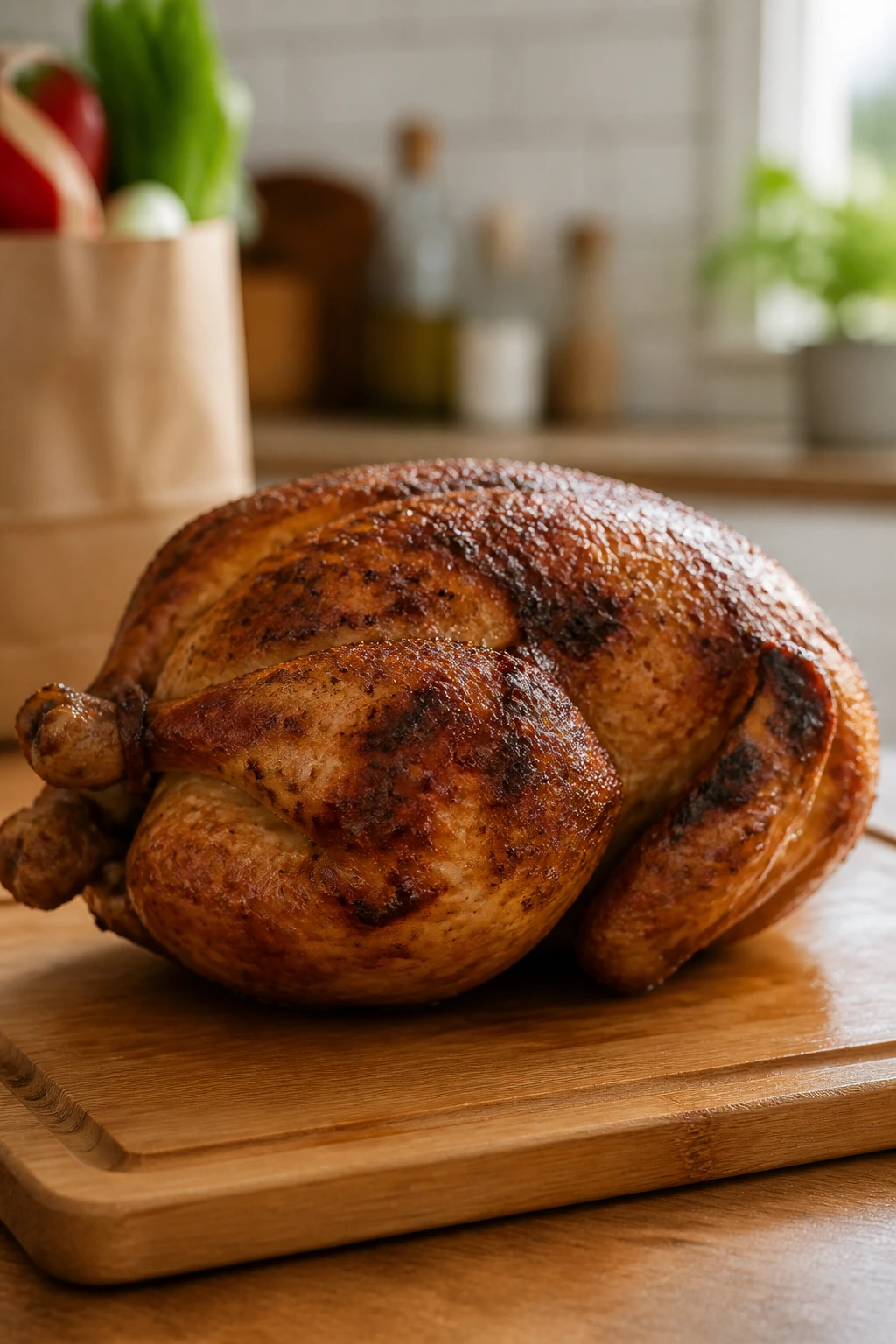Rotisserie chicken on cutting board in kitchen