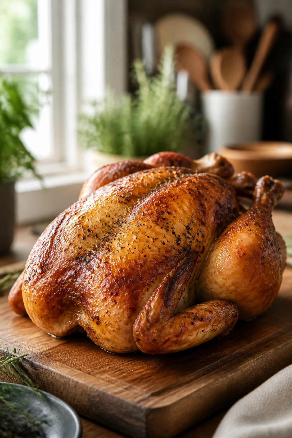 Close-up of a golden rotisserie chicken on a cutting board in a kitchen.