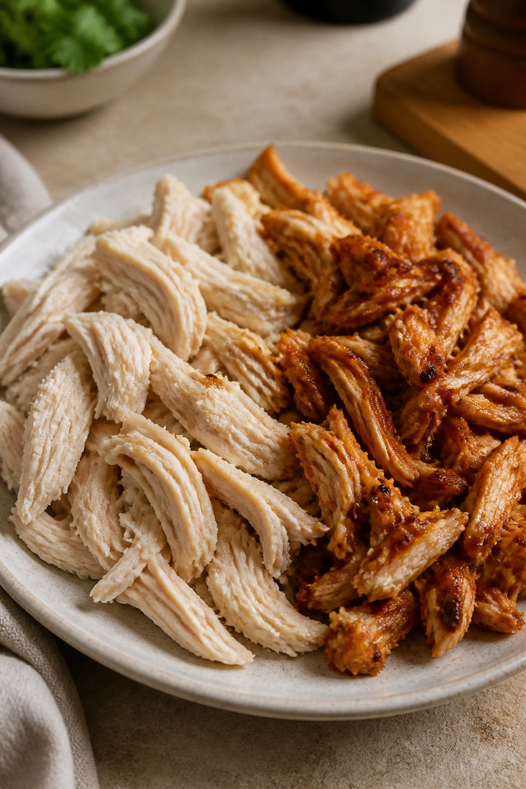Plate of shredded rotisserie chicken, half plain and half seasoned, on a warm kitchen counter