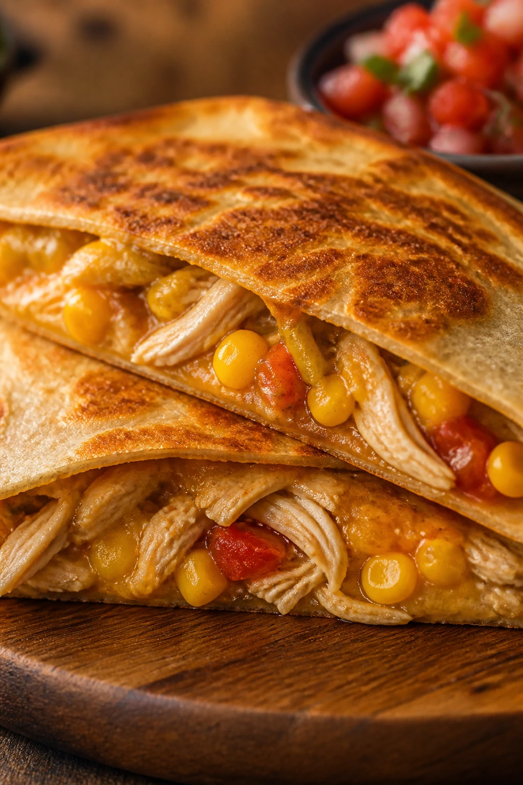 Close-up of rotisserie chicken quesadilla with corn filling