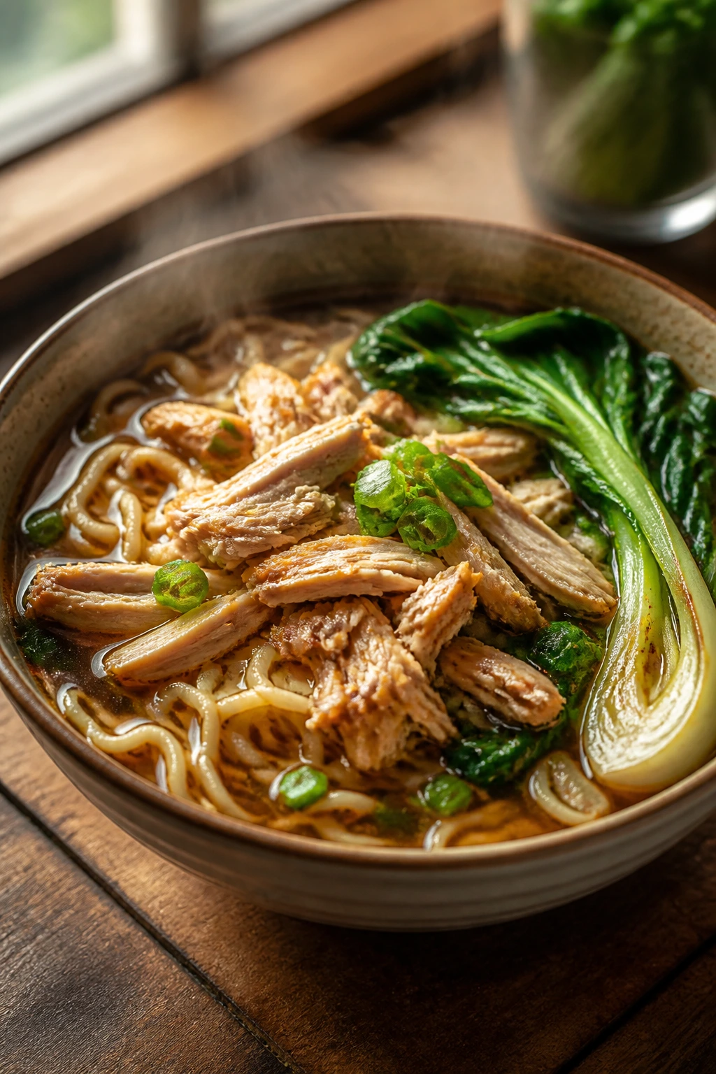 Steaming bowl of rotisserie chicken ramen with bok choy on a wooden kitchen counter.