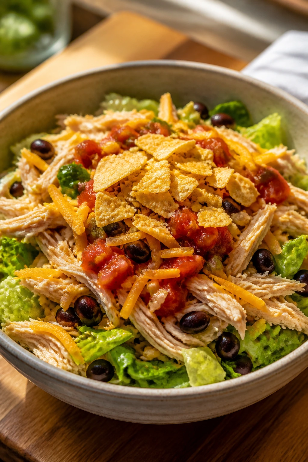 Close-up bowl of rotisserie chicken taco salads with lettuce, beans, salsa and cheese.