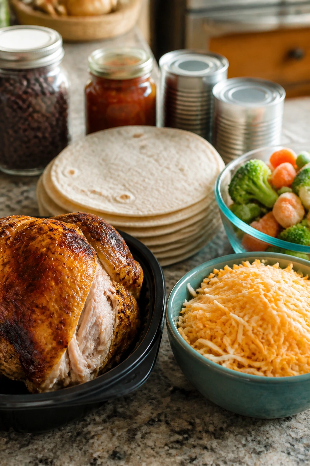 Counter-top shot with chicken, cheese, tortillas, and vegetables for quick meals