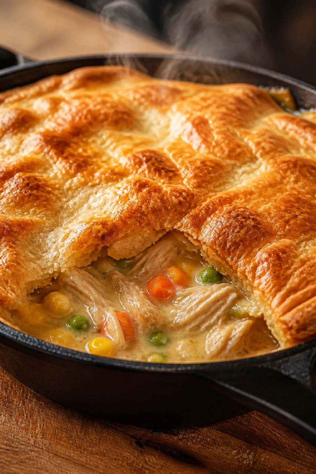 Cast-iron skillet with Rotisserie Chicken Skillet Pot Pie, steam rising