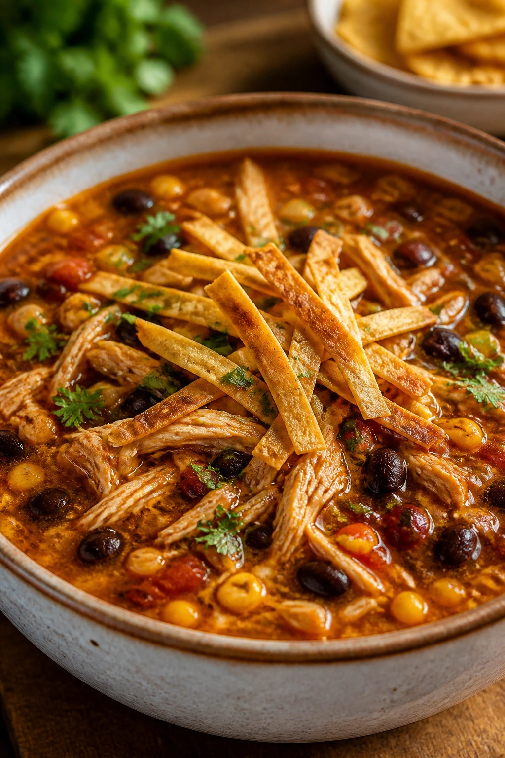 Close-up of rotisserie chicken quesadilla soup in a cozy kitchen