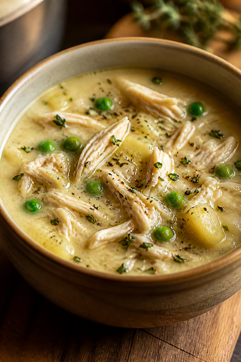 Rotisserie chicken soup with shredded chicken in bowl