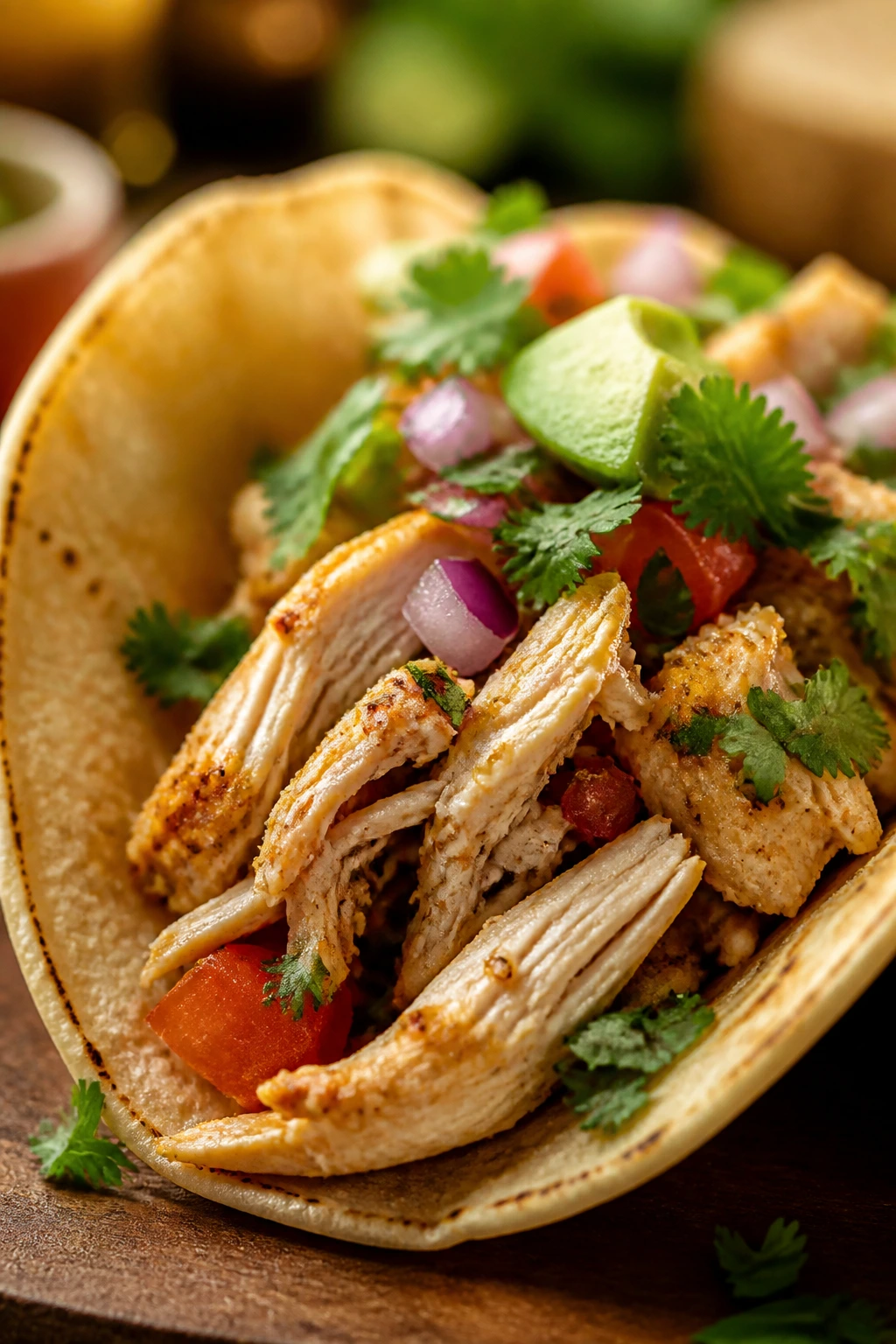 Taco filled with shredded rotisserie chicken on a plate