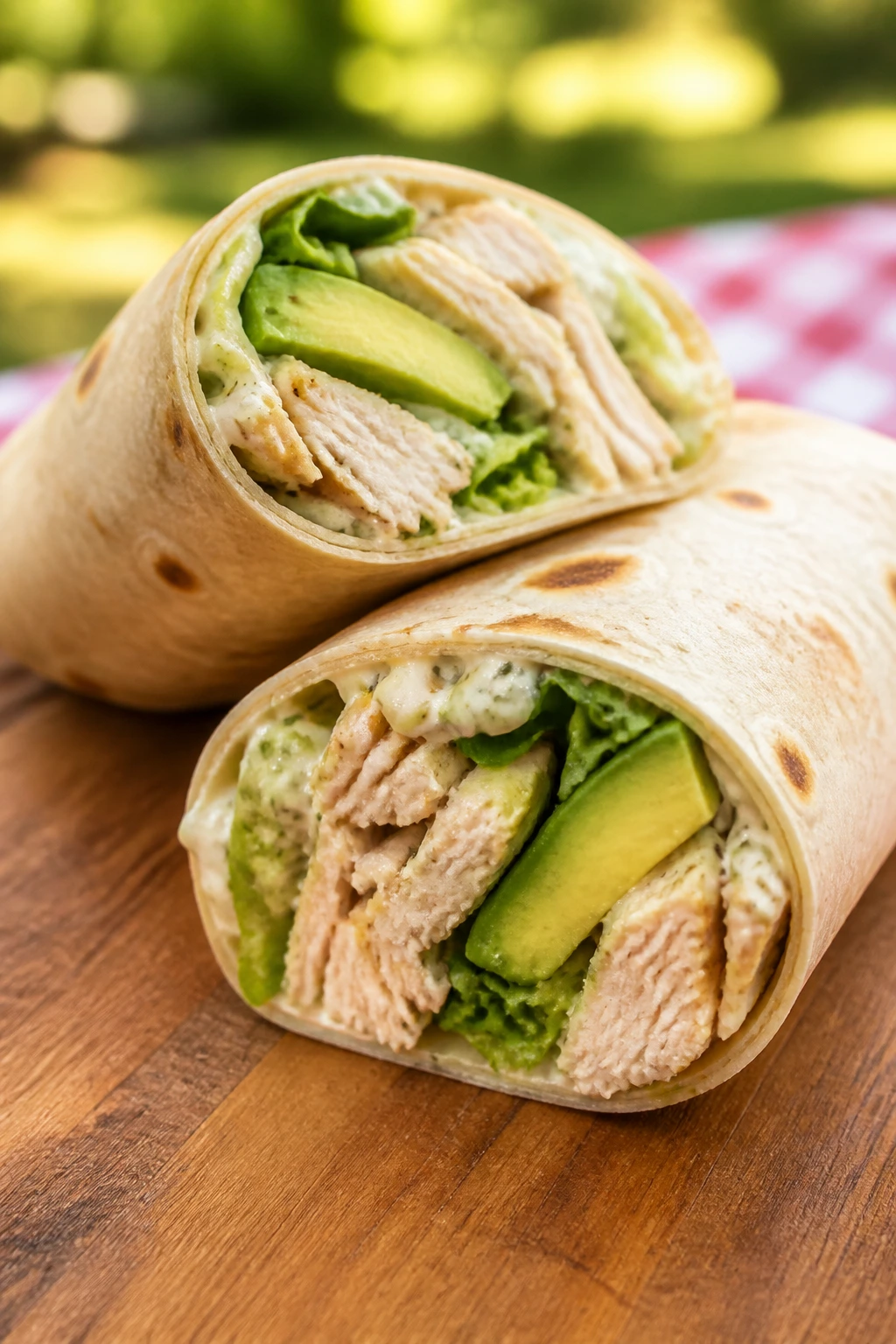 Rotisserie chicken wraps with avocado on a wooden board outdoors.