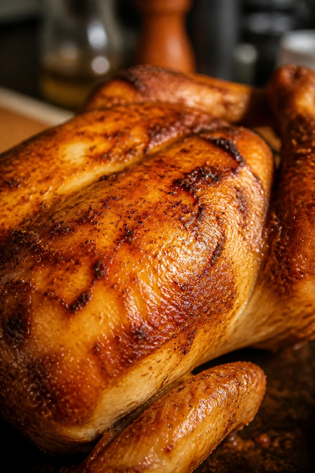 Close-up of bronzed chicken skin with flavorful glaze