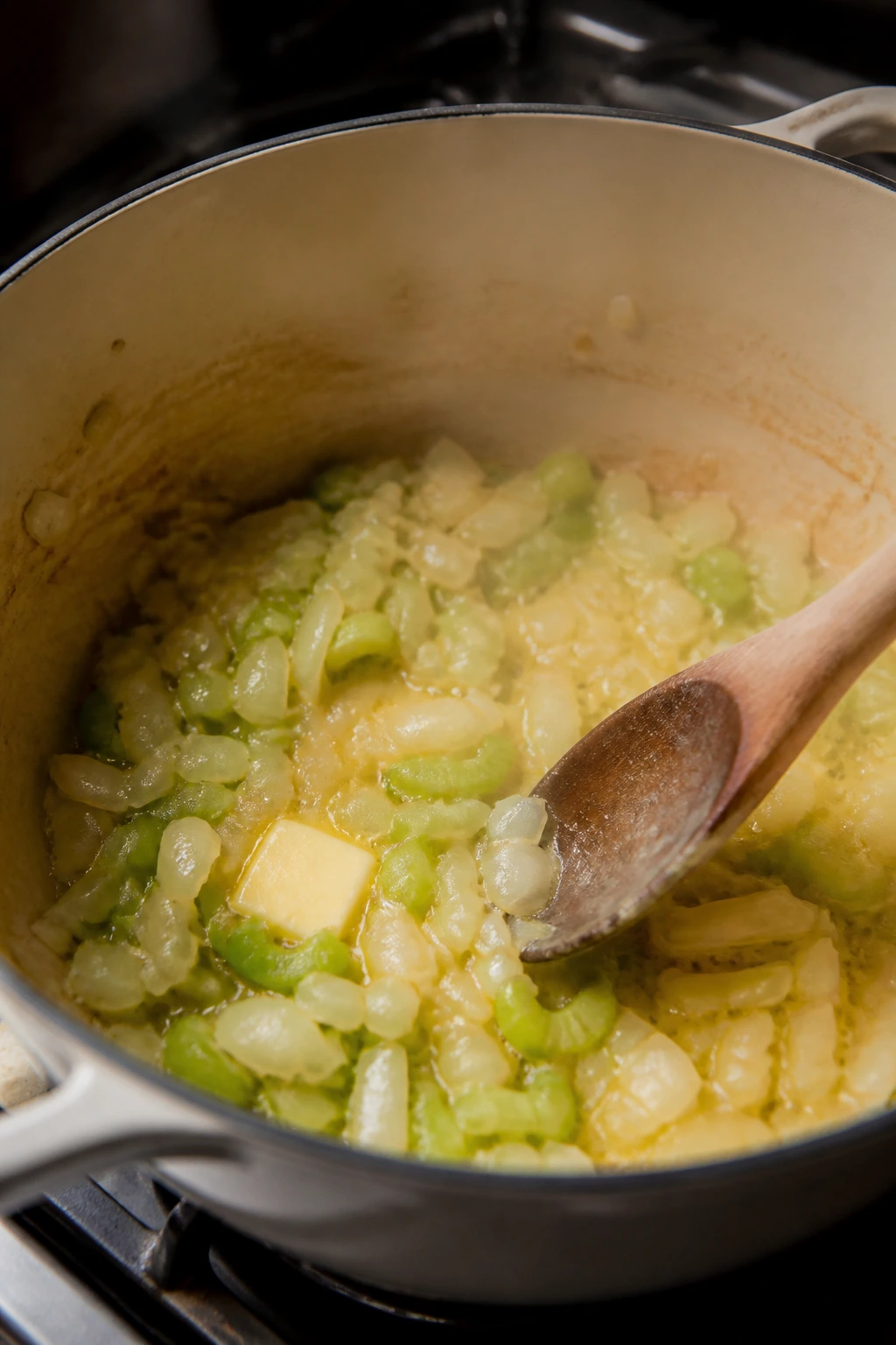 Pot on stove with onions, celery, and roux forming the base for chowder.