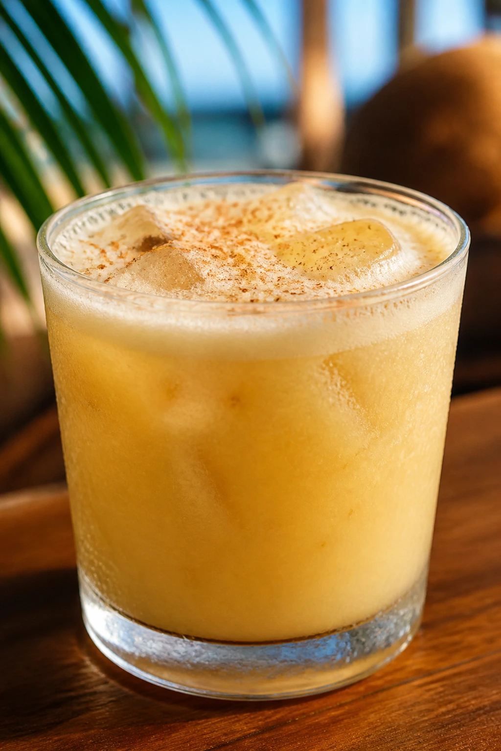 Creamy Painkiller in a frosty rocks glass with nutmeg on top