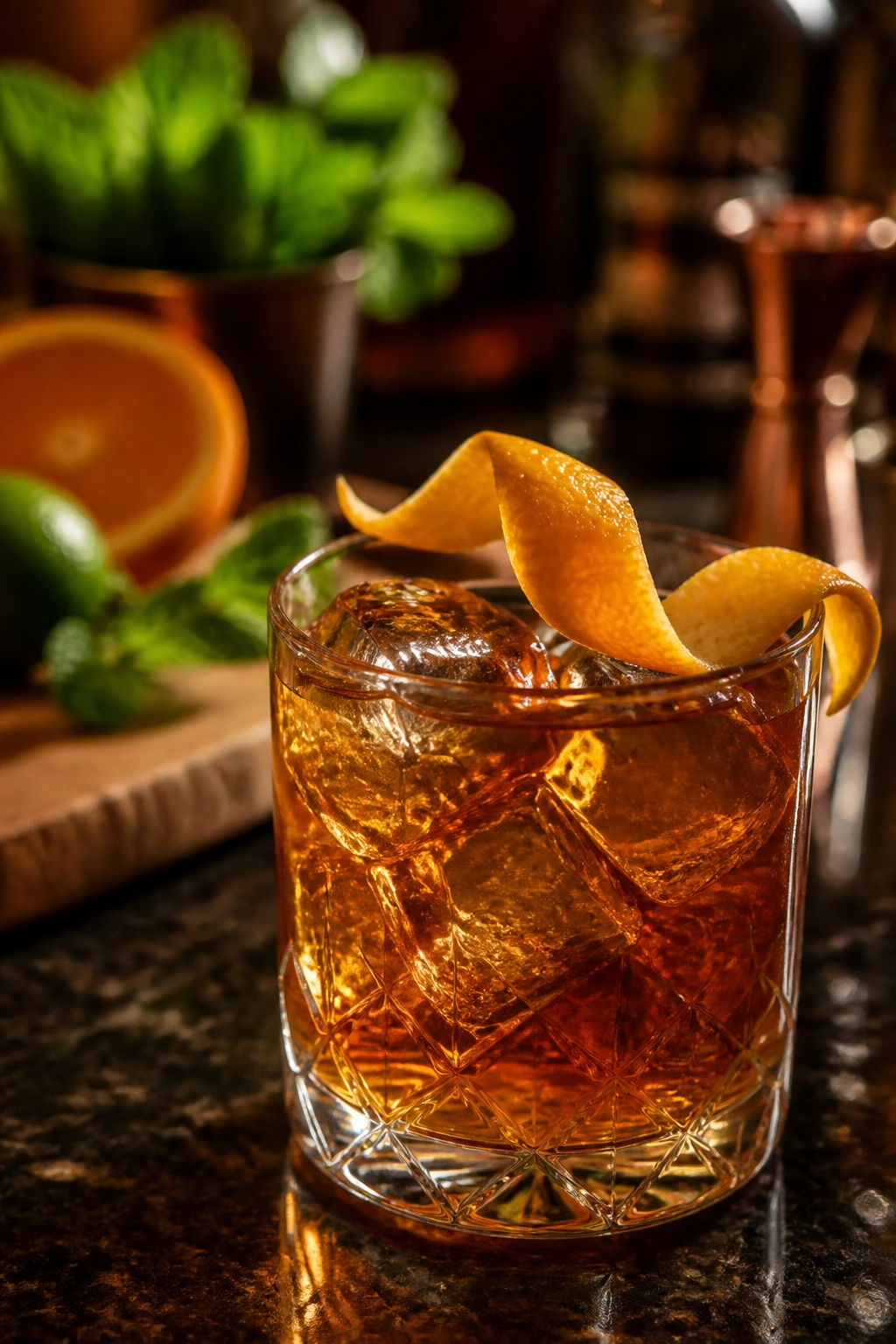 Amber rum cocktail with citrus twist in a cozy home bar