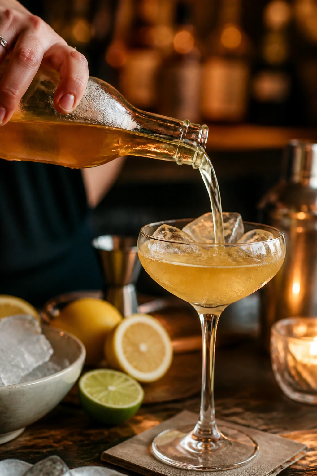 Close-up of a rum cocktail being poured into a coupe in a cozy home bar