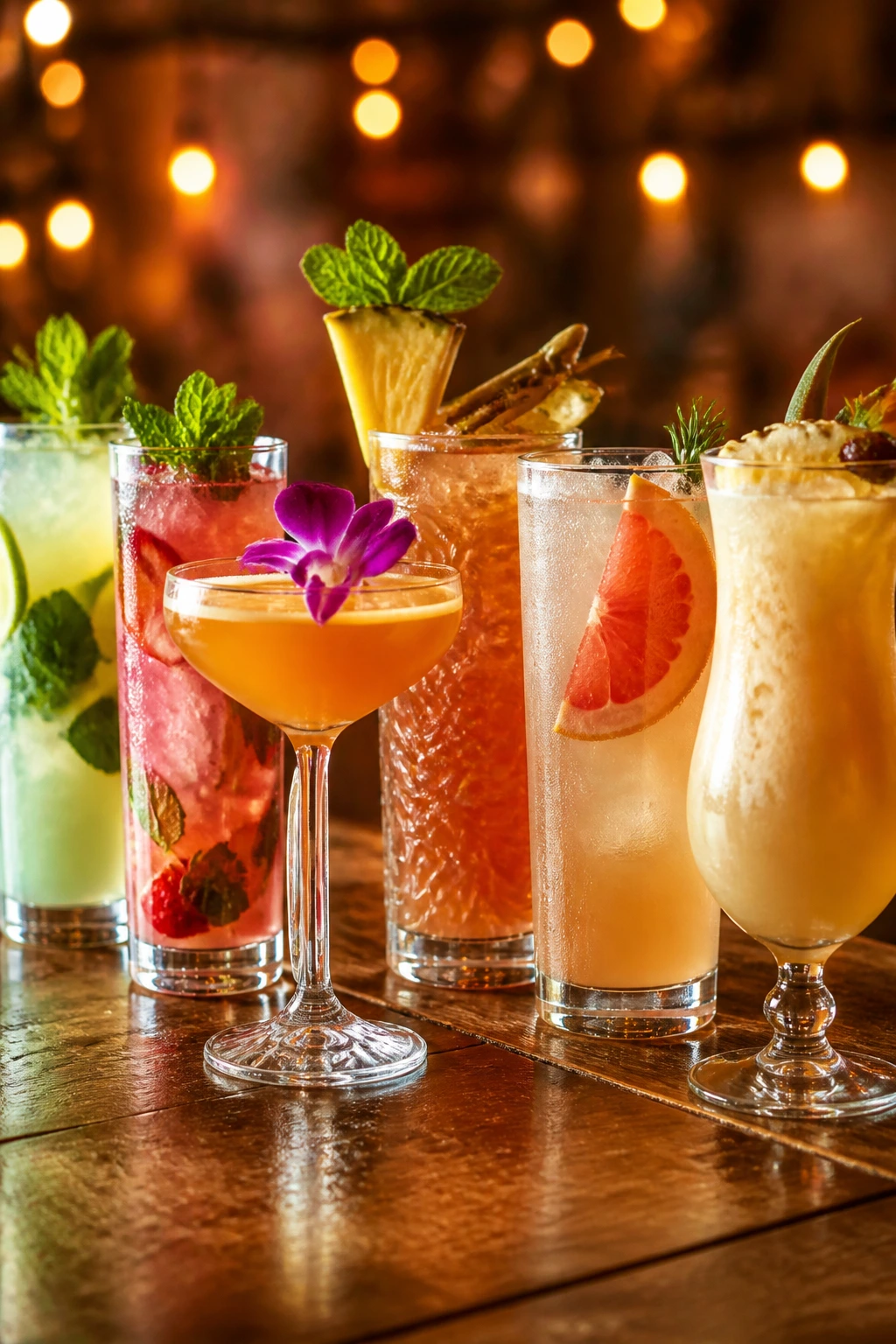 Row of colorful rum cocktails for a girls' night in on a wooden table
