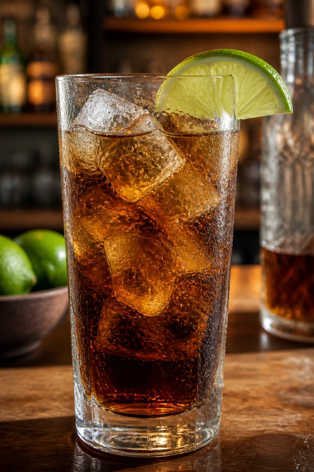 Cuba Libre in a highball glass with ice and lime on a wooden bar