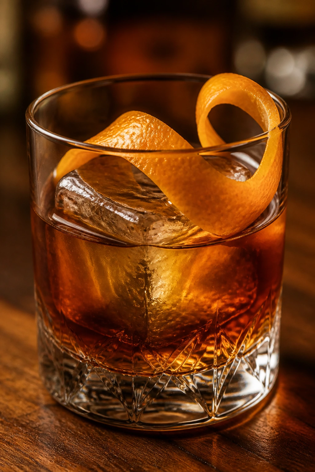 Rum Old Fashioned in rocks glass with orange twist