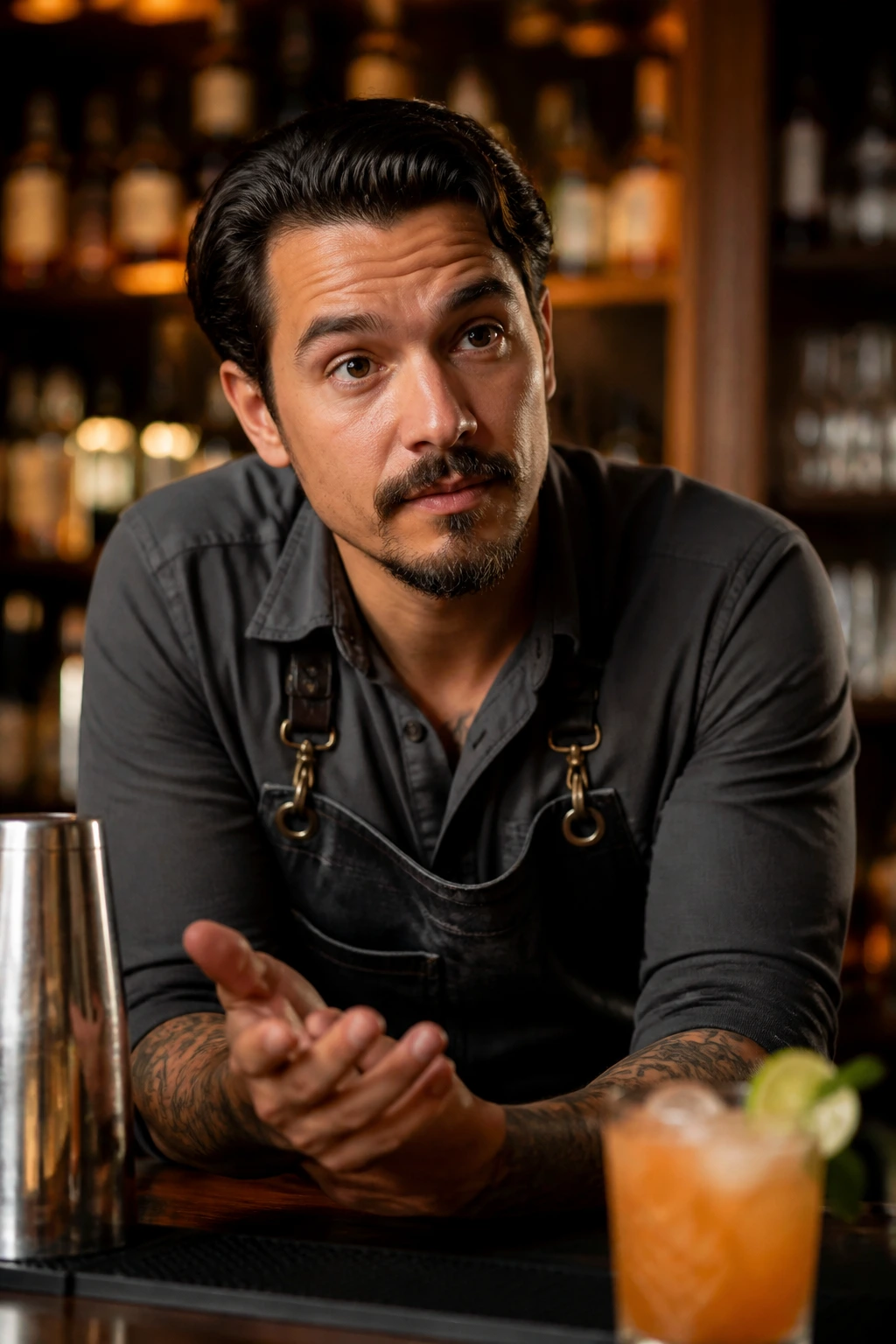 Curious bartender at a bar answering questions about rum punch