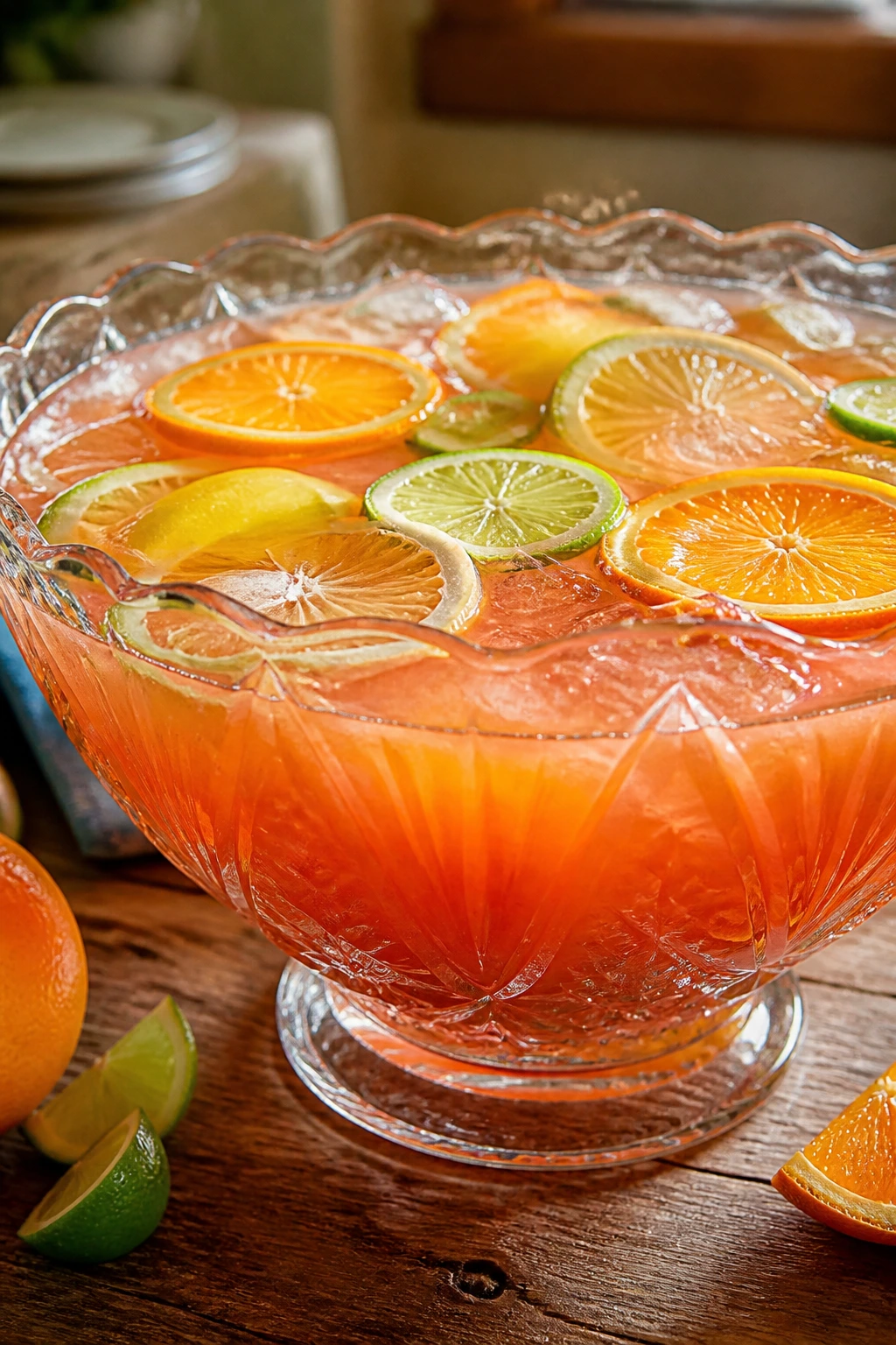 Bright tropical rum punch in a large punch bowl