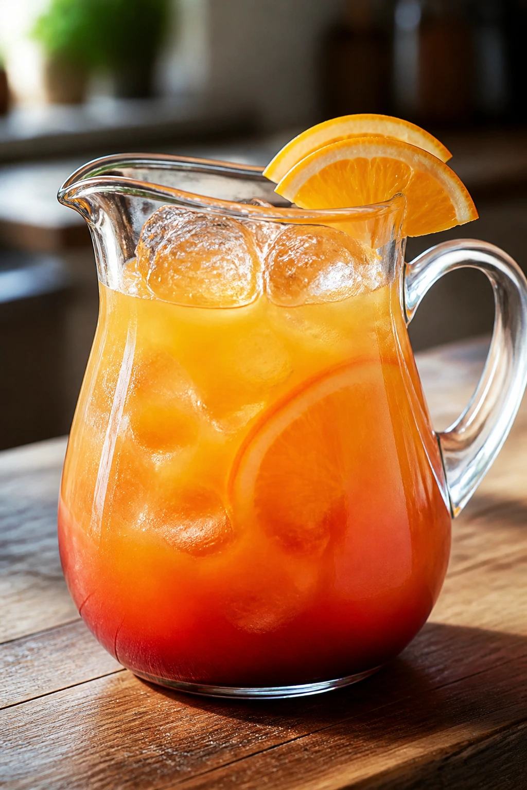 Close-up of bright rum punch in a pitcher with citrus and ice on a wooden counter