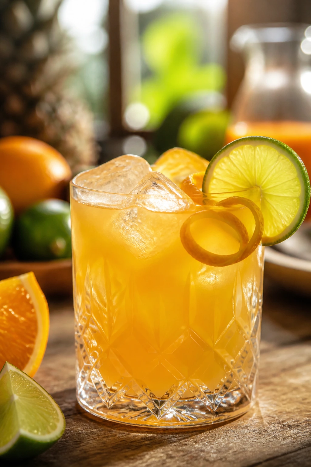 Close-up of bright rum punch in a crystal glass with ice and citrus garnish