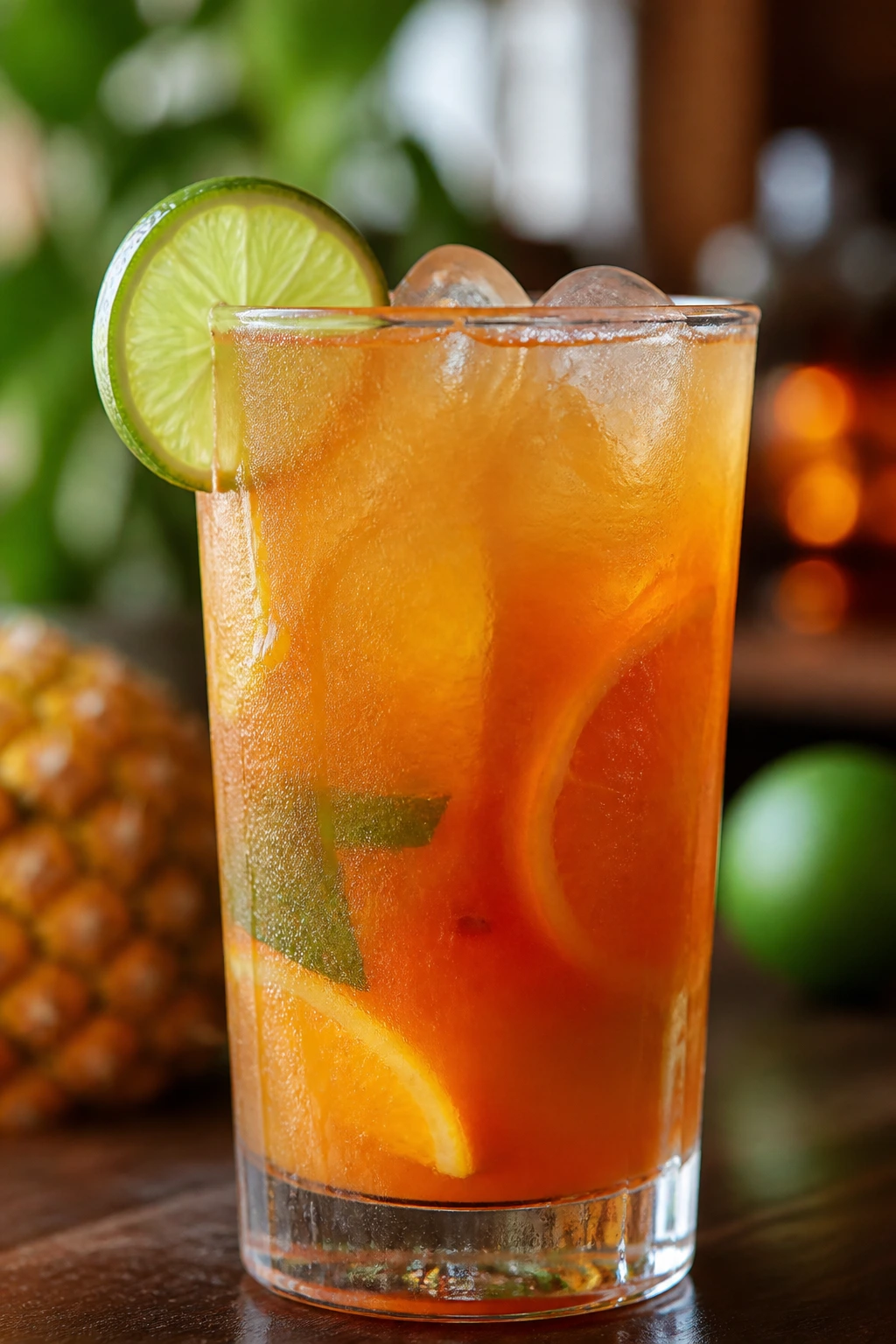 Close-up of Classic Caribbean Rum Punch in a glass with lime wheel