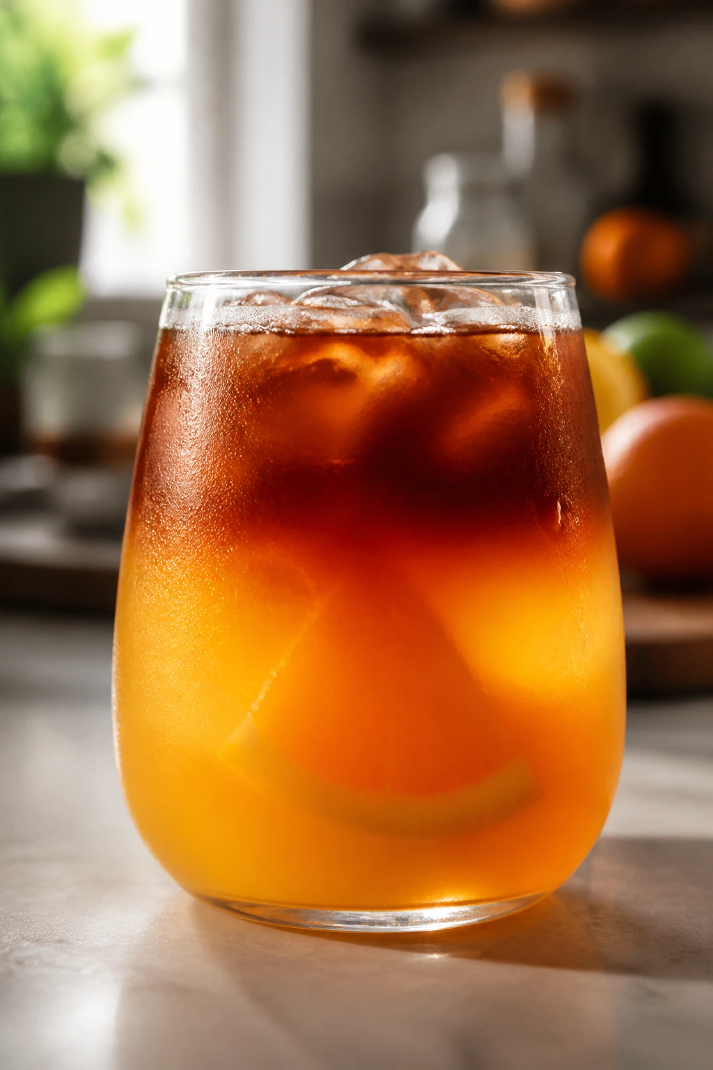 Close-up of rum punch glass with float showing color layers