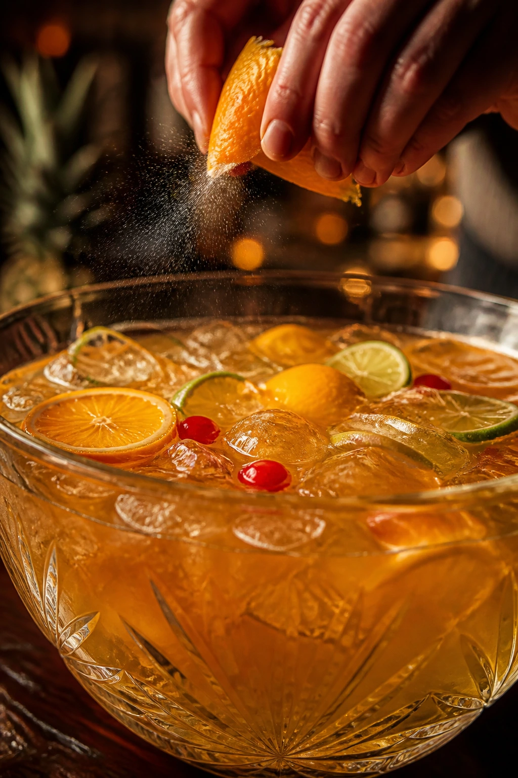 Close-up of a rum punch glass with orange peel expressed over the surface, warm bar lighting