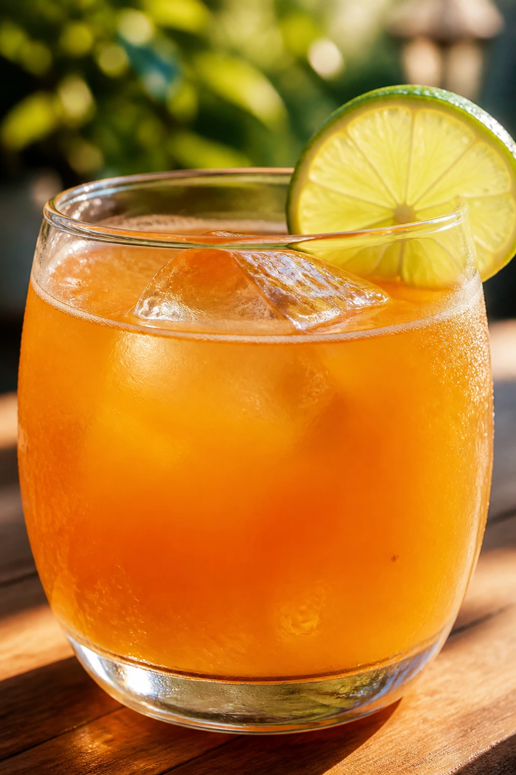 Close-up of a glass of rum punch with lime wheel on a sunny patio