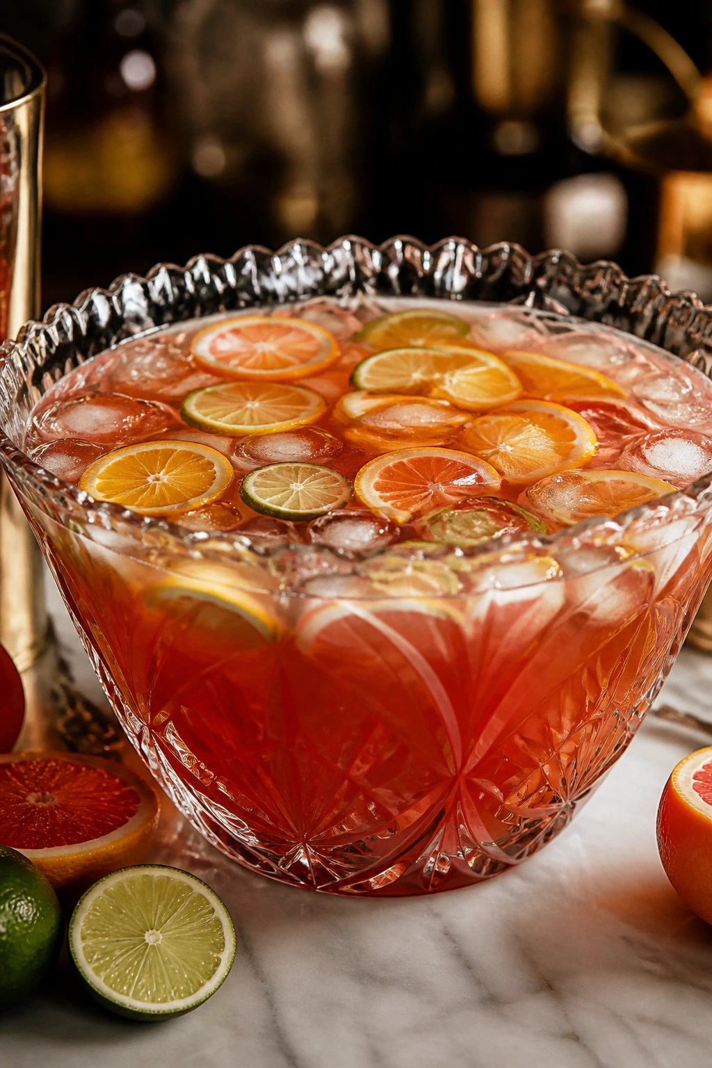 Punch bowl ready for serving with citrus garnishes