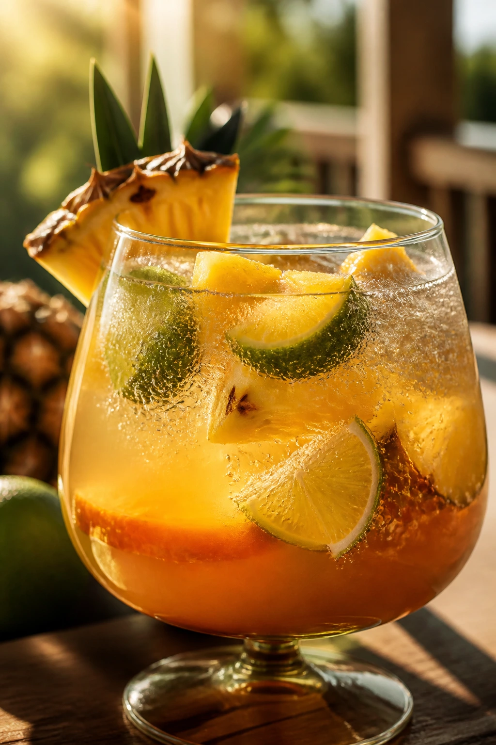 Glass of sparkling tropical rum punch on a sunlit porch