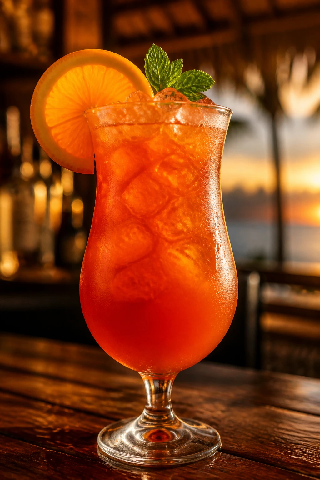 Rum punch in a hurricane glass at a tropical tiki bar
