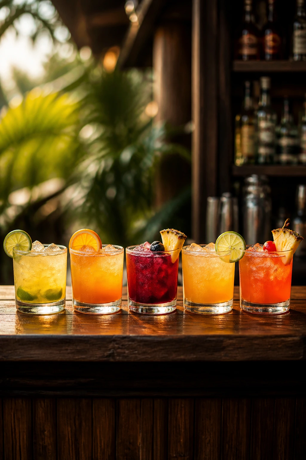 Row of five colorful rum punch variations in small glasses with different garnishes