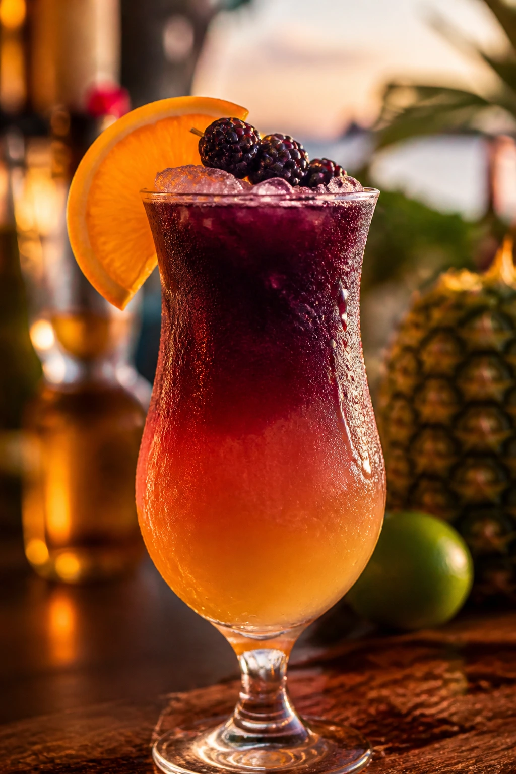 Rum Runner cocktail with orange slice and berries garnish