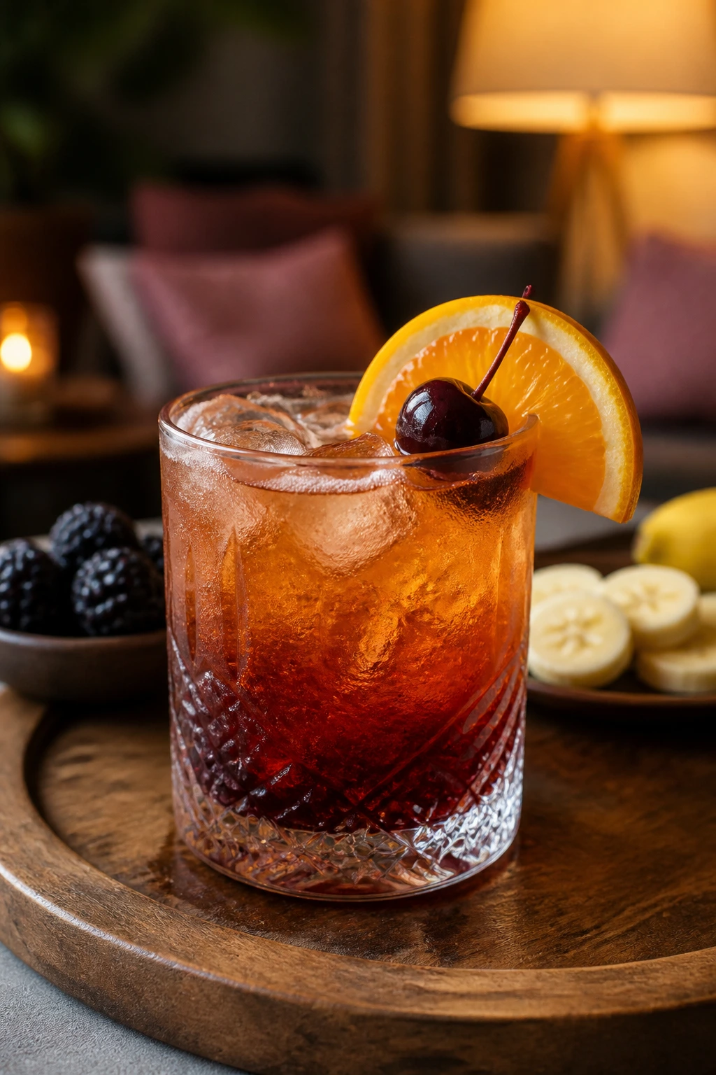 Rum Runner cocktail in a glass with orange slice and cherry
