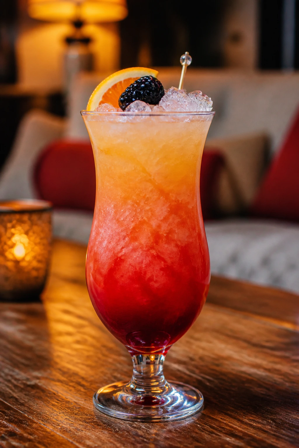 Close-up of Rum Runner cocktail in a tall glass on a wooden table in a cozy living room