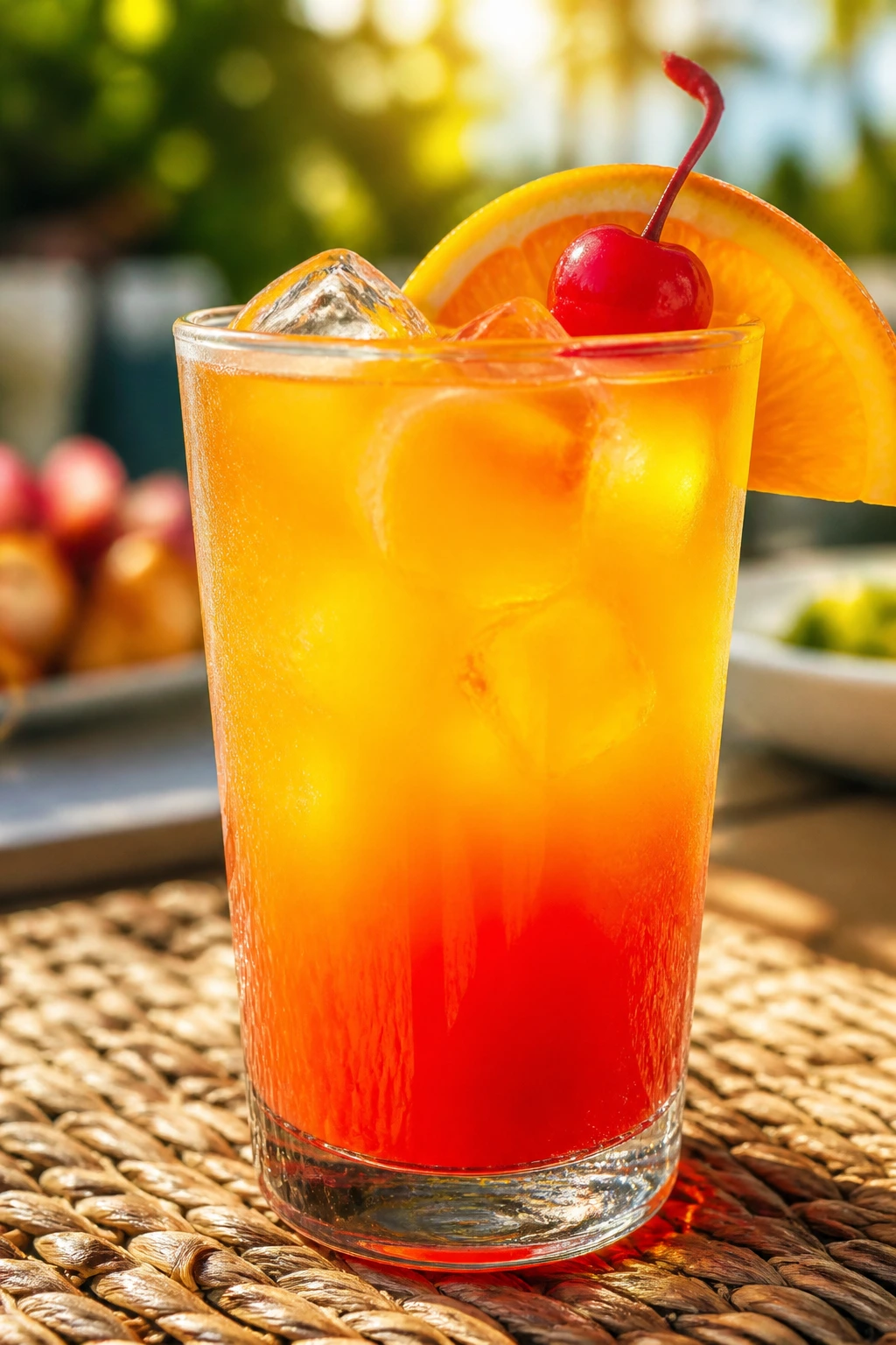 Highball glass with sunrise-punched gradient drink and orange slice