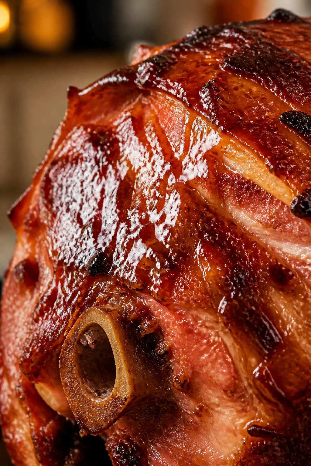 Close-up of ham with rum vanilla bacon glaze