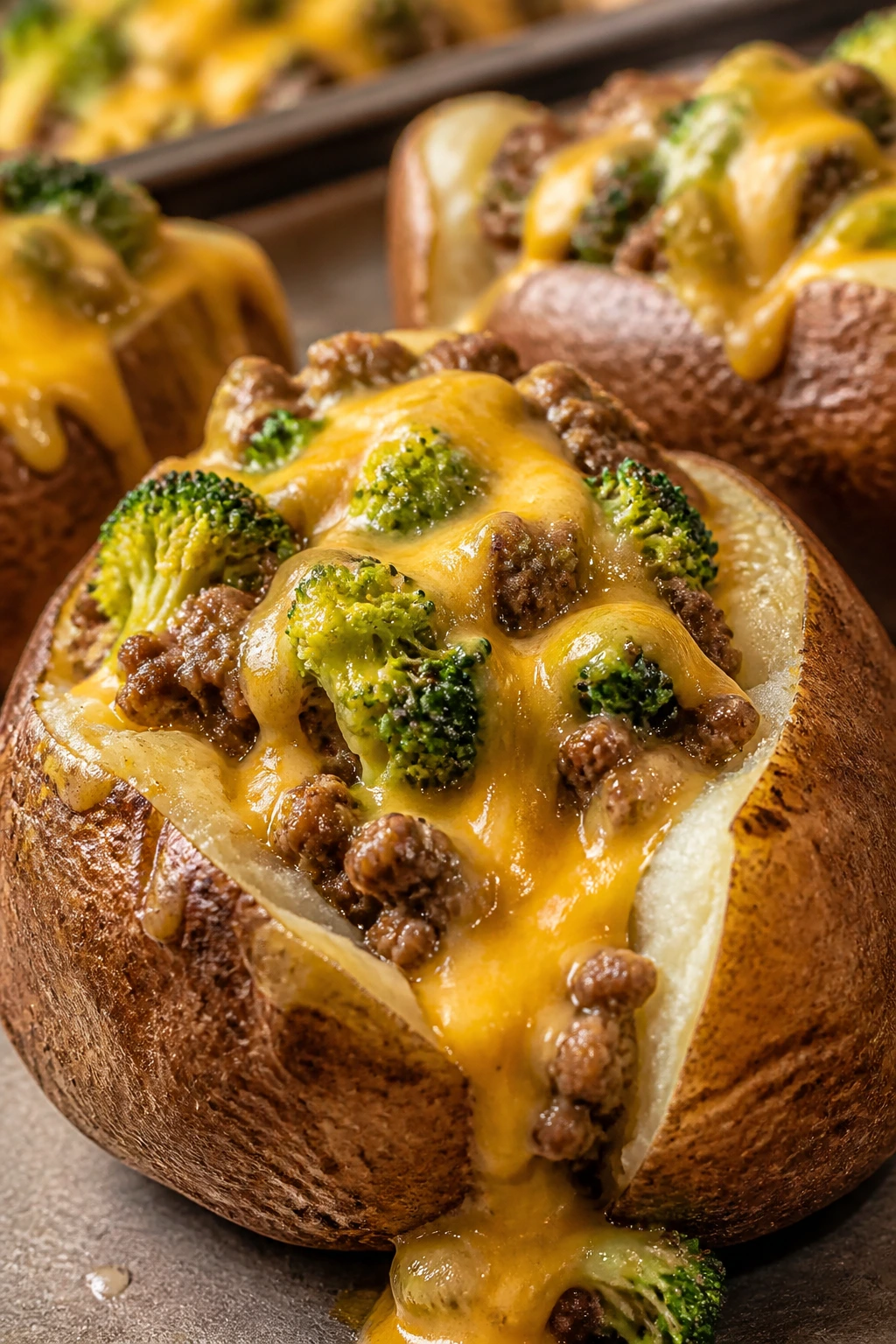 Close-up of split russet potato topped with broccoli, beef, and cheddar sauce.