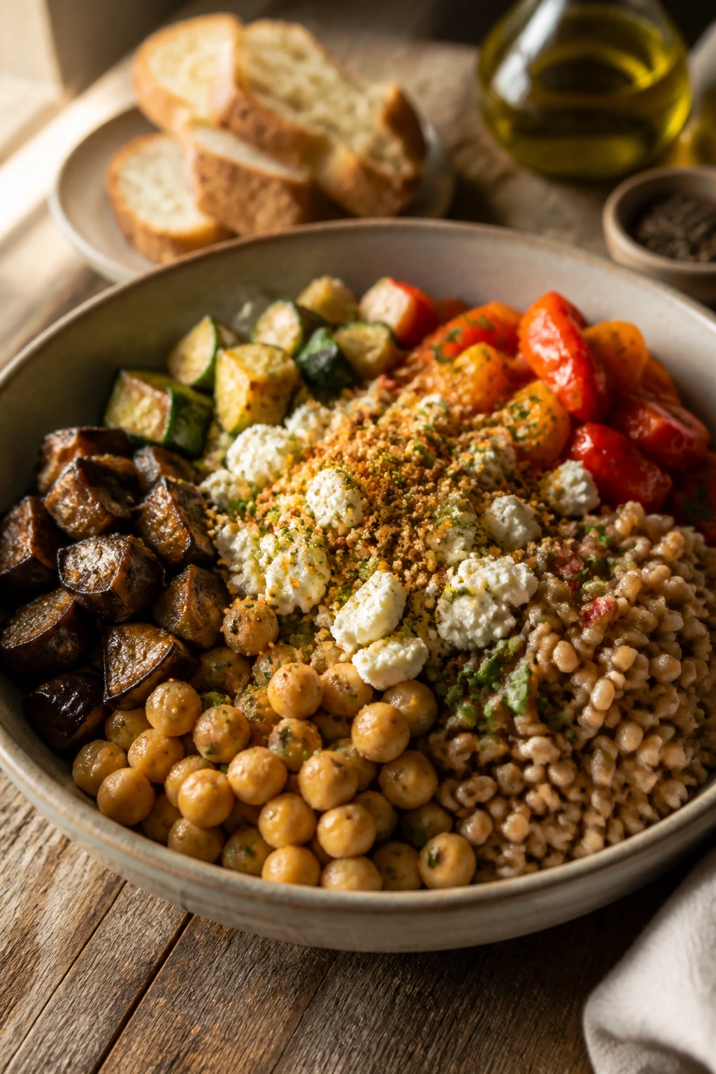 Close-up of rustic Mediterranean bowl with farro and roasted vegetables on a wooden table