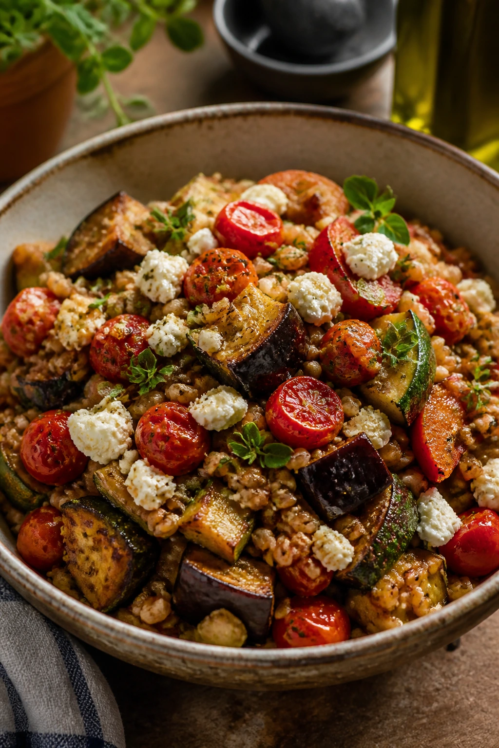 Close-up of rustic Mediterranean bowl with farro and roasted vegetables in a warm kitchen