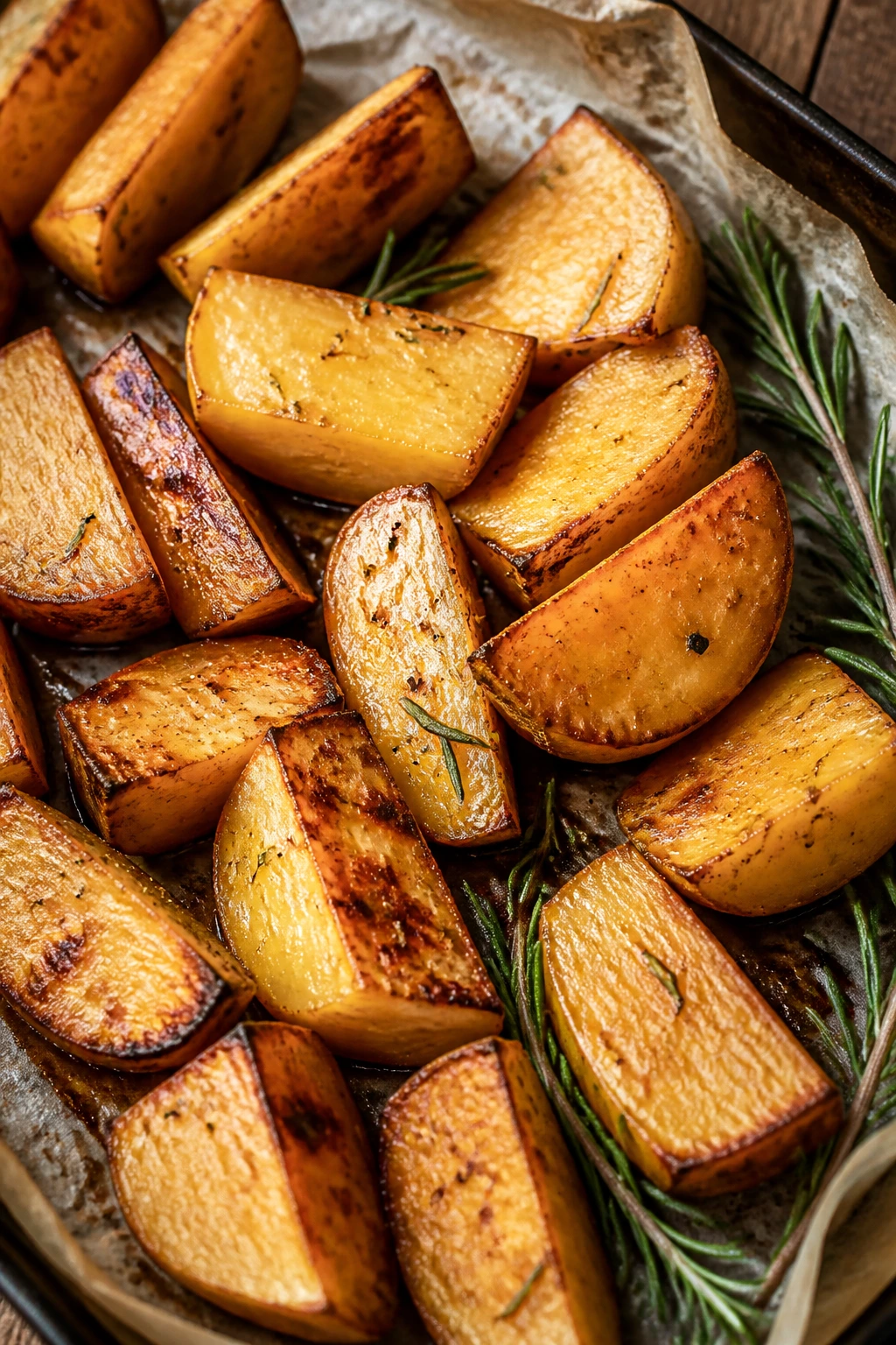 Roasted rosemary rutabaga wedges on a parchment-lined tray