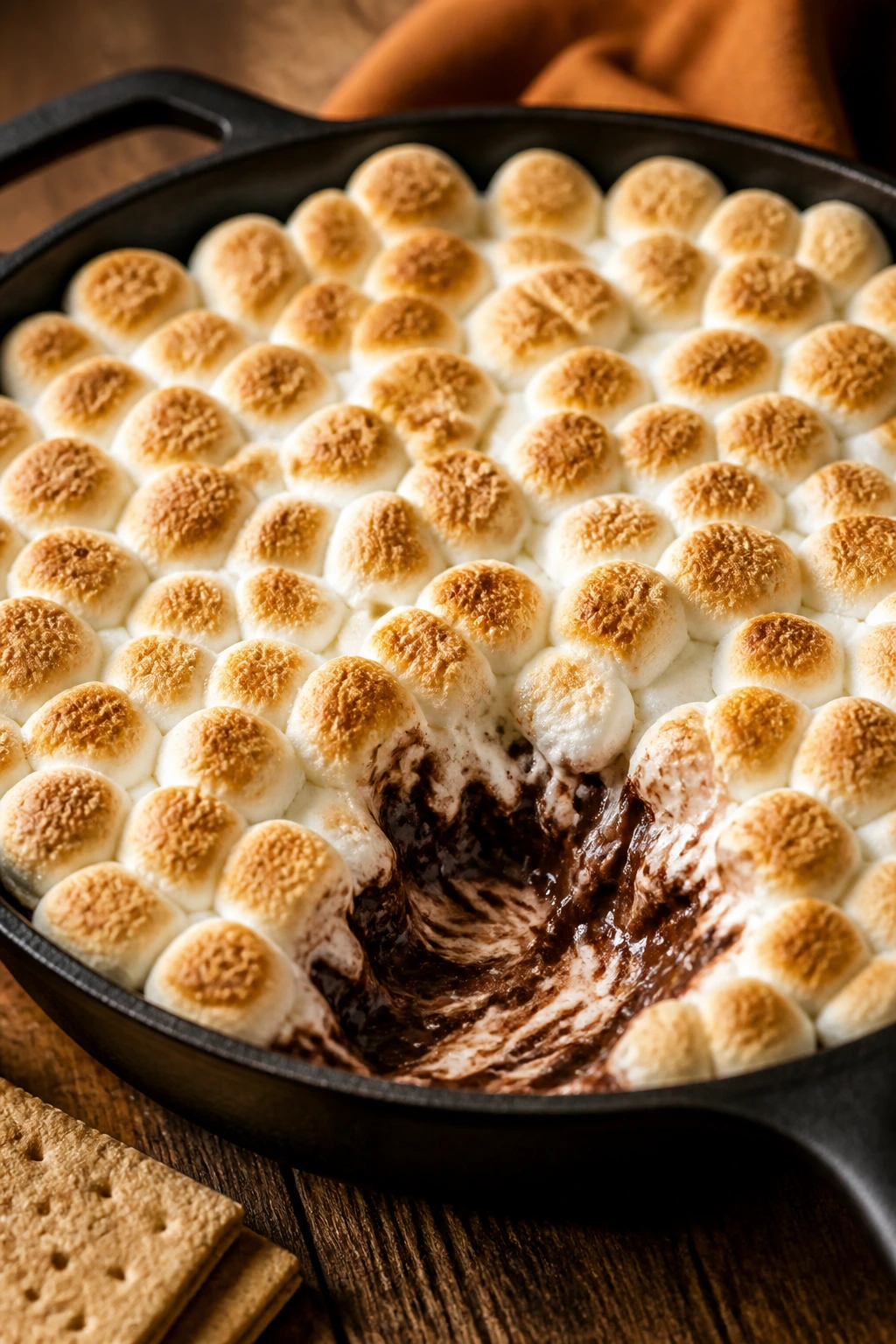 S’mores dip in a skillet with melted chocolate and marshmallows